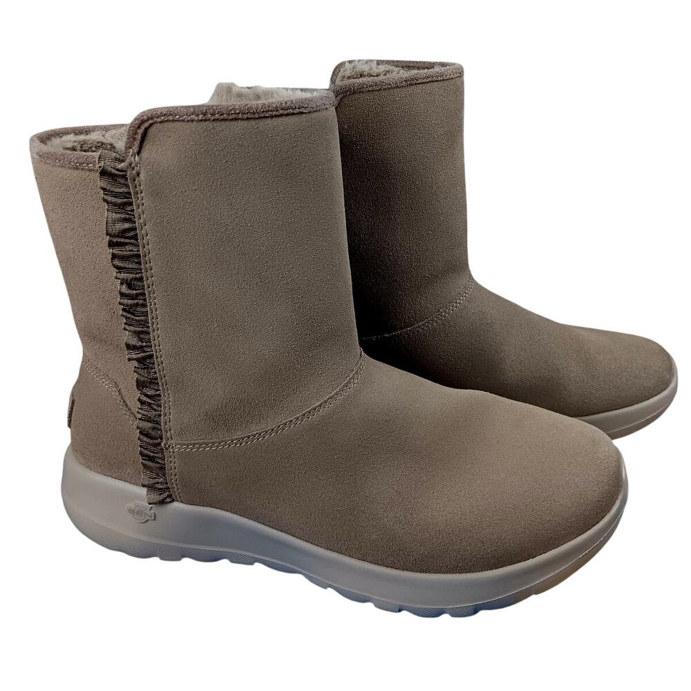 Sketchers On The Go Joy Cadet Ankle Boots‎ 9 Taupe Suede Leather Faux Fur Zip